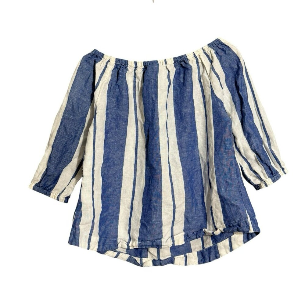 Young Fabulous Broke Off Shoulder Linen Blouse Crop Top Women Size M Stripe Boho - Picture 2 of 12
